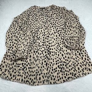 Tahari Woman Cheetah Print Split Neck Blouse Tan Black Plus Size 1X Long Sleeve